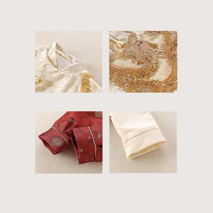 Conjunto de 2 piezas de traje de algodón de manga larga con diseño de dragón para bebé, con Buddha Stones , pantalones y cintura elástica, para invierno - image 5