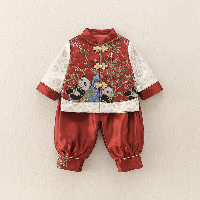 Conjunto de 2 piezas de traje de espiga de manga larga con diseño de panda y bambú para bebé niño, con Buddha Stones, pantalones y cintura elástica - Rojo - 20-25 millones - image 0