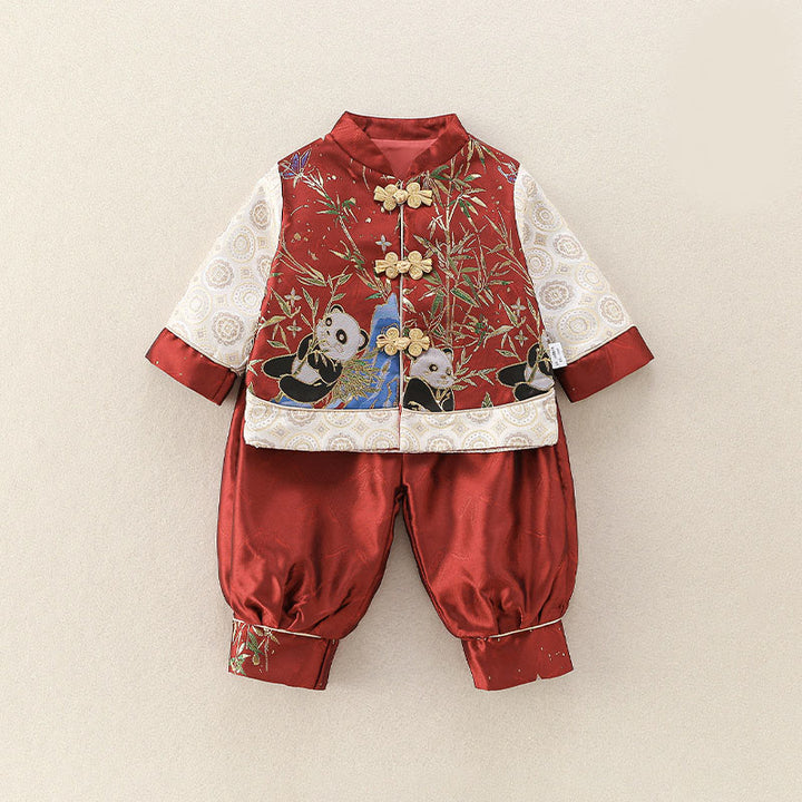 Conjunto de 2 piezas de traje de espiga de manga larga con diseño de panda y bambú para bebé niño, con Buddha Stones, pantalones y cintura elástica - Rojo - 20-25 millones - image 0