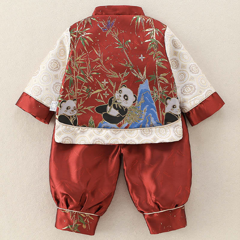 Conjunto de 2 piezas de traje de espiga de manga larga con diseño de panda y bambú para bebé niño, con Buddha Stones, pantalones y cintura elástica - image 3