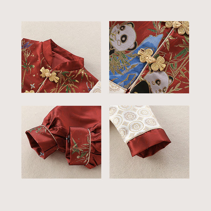 Conjunto de 2 piezas de traje de espiga de manga larga con diseño de panda y bambú para bebé niño, con Buddha Stones, pantalones y cintura elástica - image 8