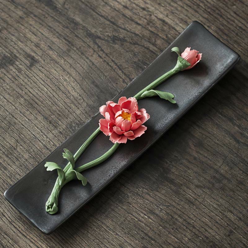 Quemador de incienso espiritual de cerámica con flor de rosa y peonía de loto