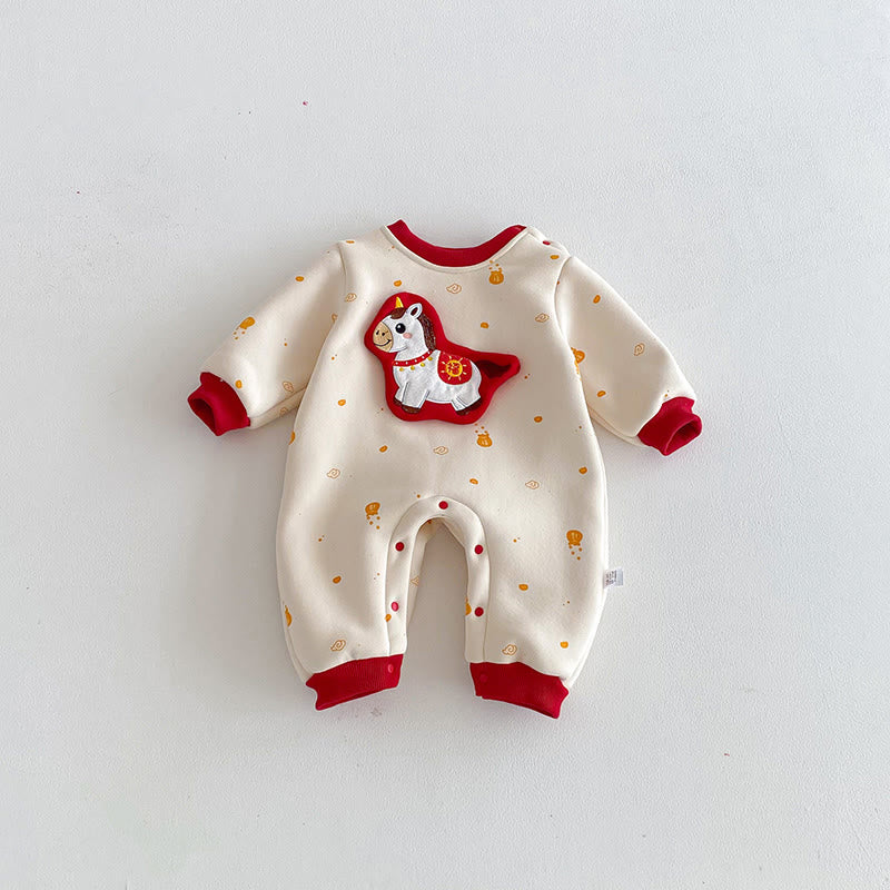 Mameluco de algodón de manga larga para bebé niña y niño con diseño de caballo de invierno y Buddha Stones - Beige - 18-24M - image 0