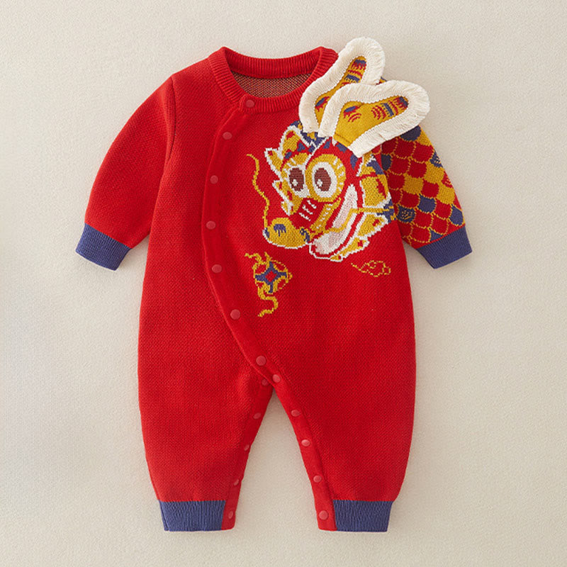 Mameluco de punto de una pieza de manga larga de algodón con estampado de dragón rojo para bebé niño y niña, otoño e invierno, con Buddha Stones - Rojo - 1-2 años - image 0