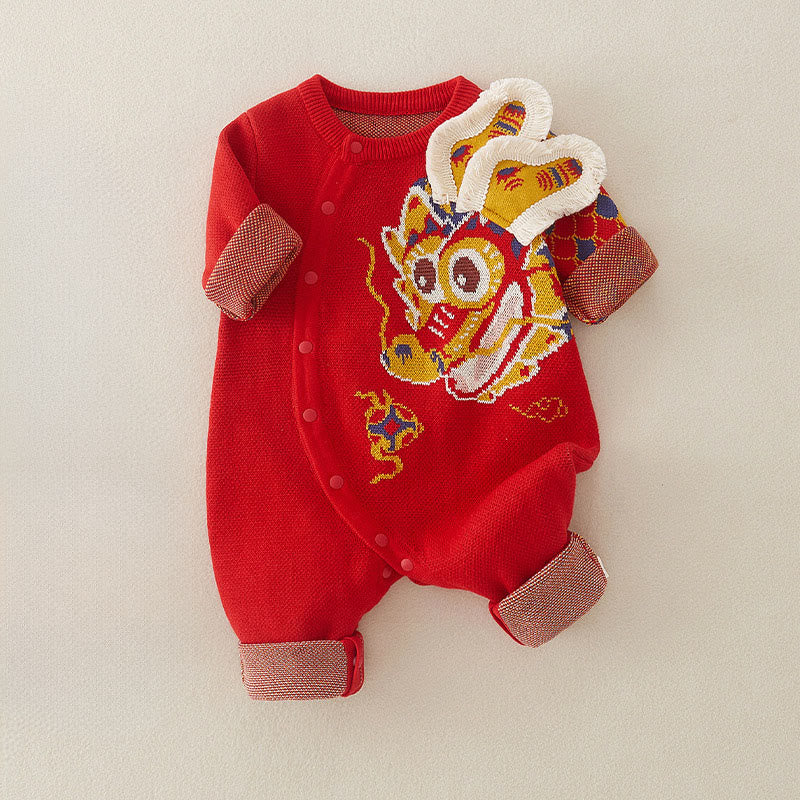 Mameluco de punto de una pieza de manga larga de algodón con estampado de dragón rojo para bebé niño y niña, otoño e invierno, con Buddha Stones - image 3