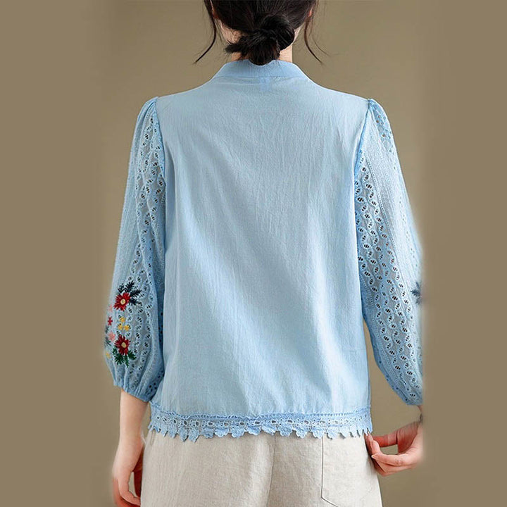 Camisa de manga larga para mujer con cuello alto, botones y estampado de hojas y flores bordadas con Buddha Stones - image 5