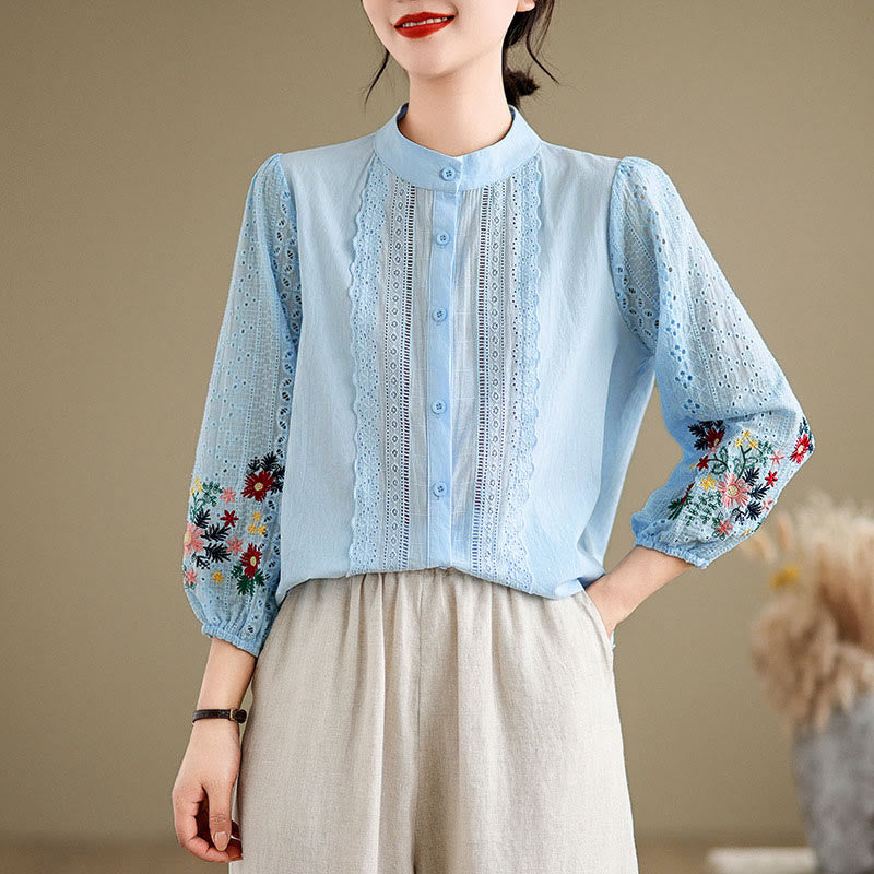 Camisa de manga larga para mujer con cuello alto, botones y estampado de hojas y flores bordadas con Buddha Stones - image 1
