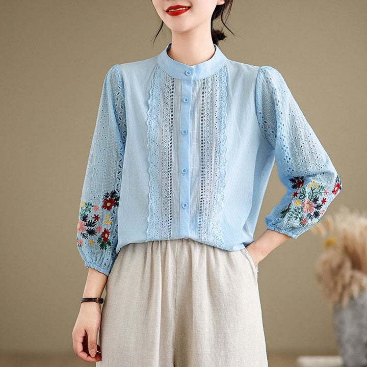 Camisa de manga larga para mujer con cuello alto, botones y estampado de hojas y flores bordadas con Buddha Stones - image 1