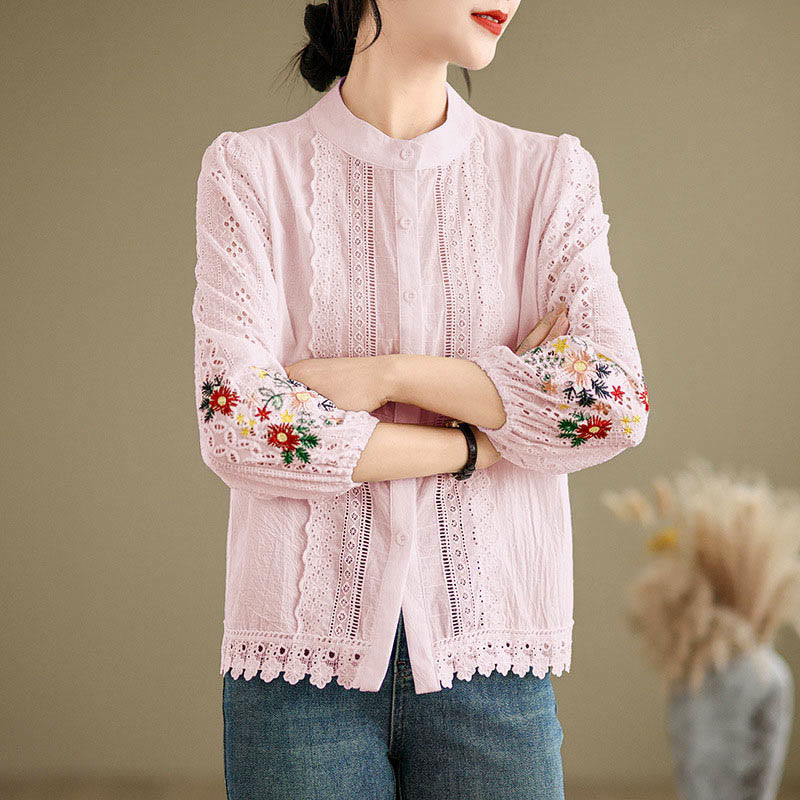 Camisa de manga larga para mujer con cuello alto, botones y estampado de hojas y flores bordadas con Buddha Stones - image 16