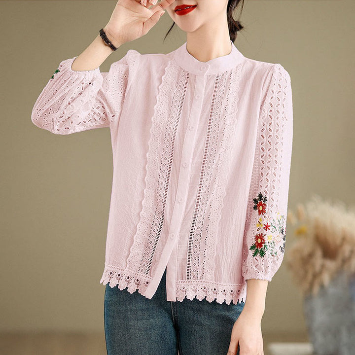 Camisa de manga larga para mujer con cuello alto, botones y estampado de hojas y flores bordadas con Buddha Stones - Rosa - US8-10，UK/AU12-14，EU40-42 (2XL) - image 13