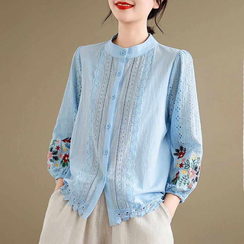Camisa de manga larga para mujer con cuello alto, botones y estampado de hojas y flores bordadas con Buddha Stones - image 3