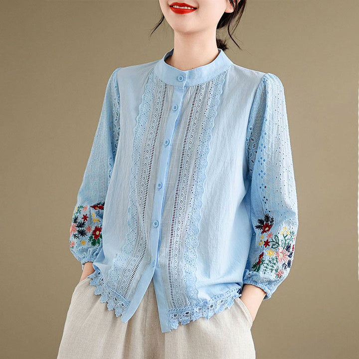 Camisa de manga larga para mujer con cuello alto, botones y estampado de hojas y flores bordadas con Buddha Stones - image 3