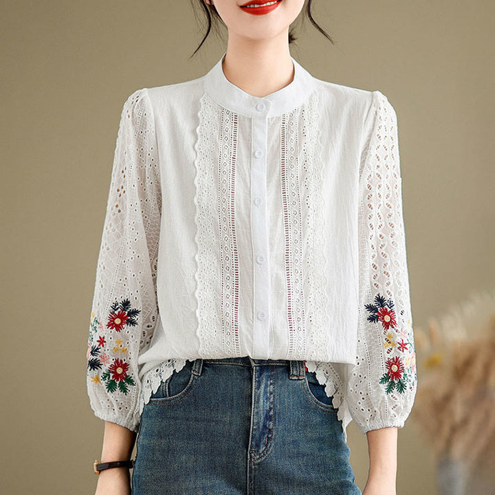 Camisa de manga larga para mujer con cuello alto, botones y estampado de hojas y flores bordadas con Buddha Stones - image 9