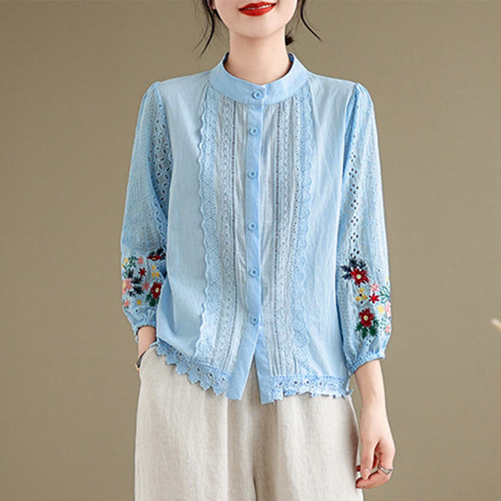 Camisa de manga larga para mujer con cuello alto, botones y estampado de hojas y flores bordadas con Buddha Stones - image 2