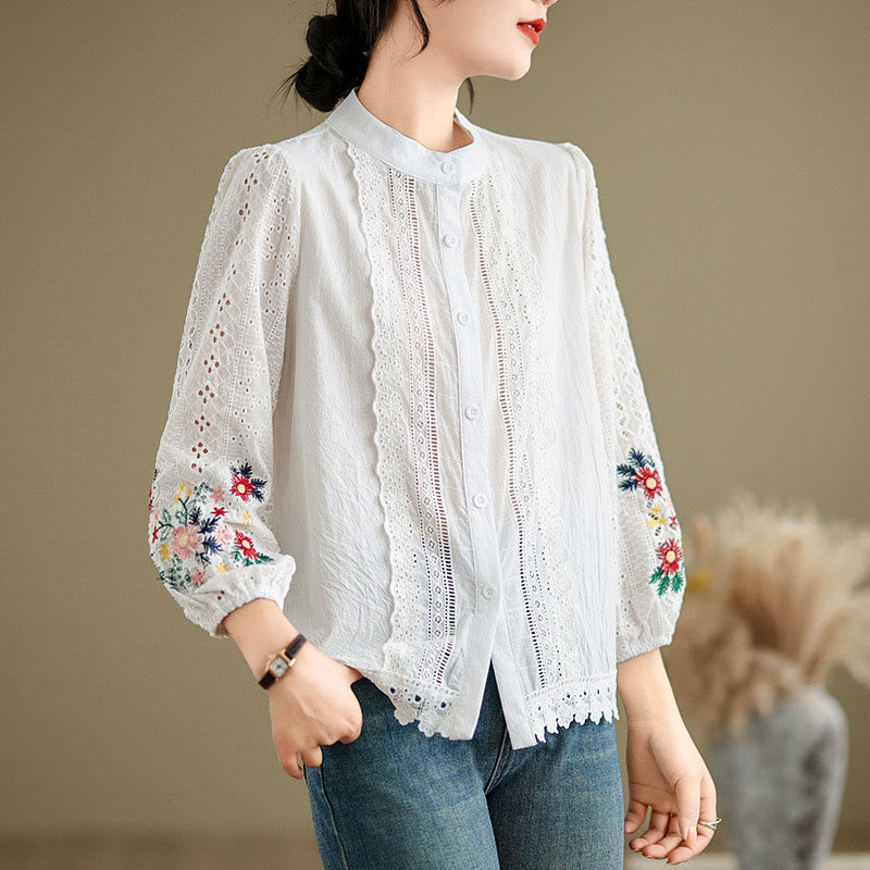 Camisa de manga larga para mujer con cuello alto, botones y estampado de hojas y flores bordadas con Buddha Stones - image 8