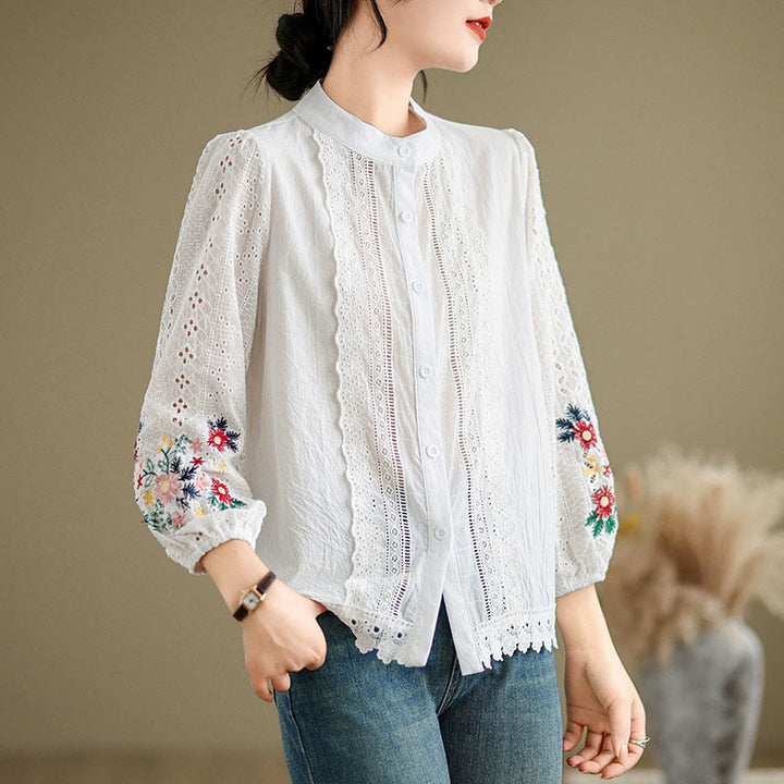Camisa de manga larga para mujer con cuello alto, botones y estampado de hojas y flores bordadas con Buddha Stones - image 8
