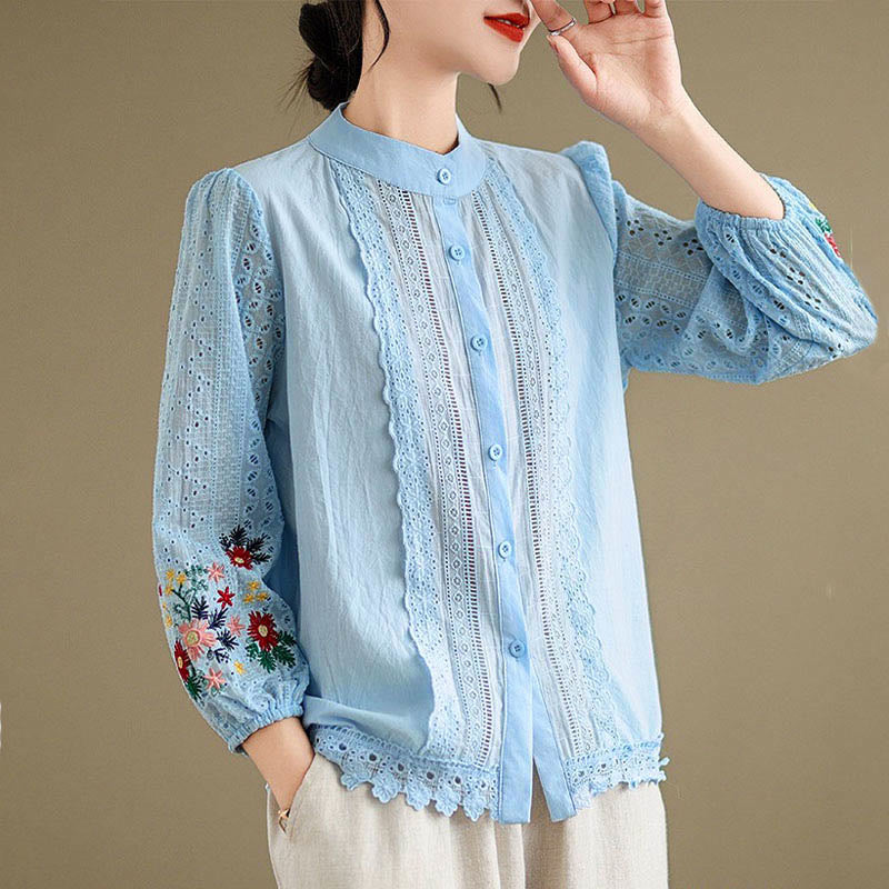 Camisa de manga larga para mujer con cuello alto, botones y estampado de hojas y flores bordadas con Buddha Stones - image 4