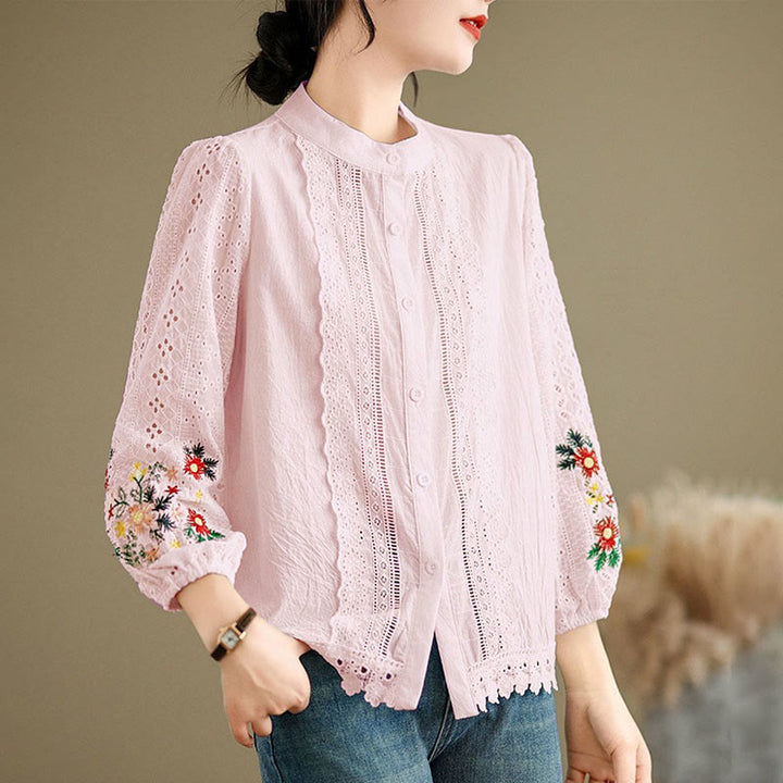 Camisa de manga larga para mujer con cuello alto, botones y estampado de hojas y flores bordadas con Buddha Stones - image 15