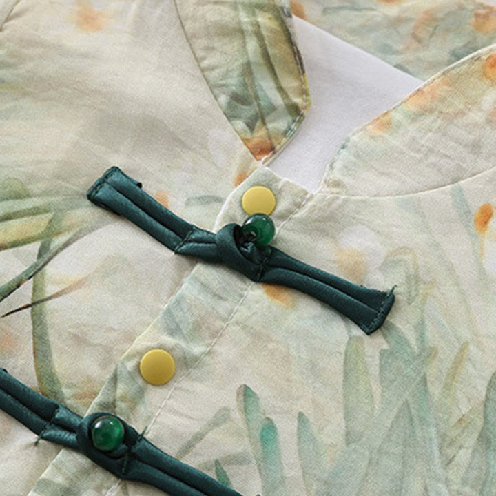 Mameluco de una pieza de algodón de manga larga para bebé niña con diseño de flores beige, hierba verde y piedras de Buddha Stones para primavera y otoño - image 8