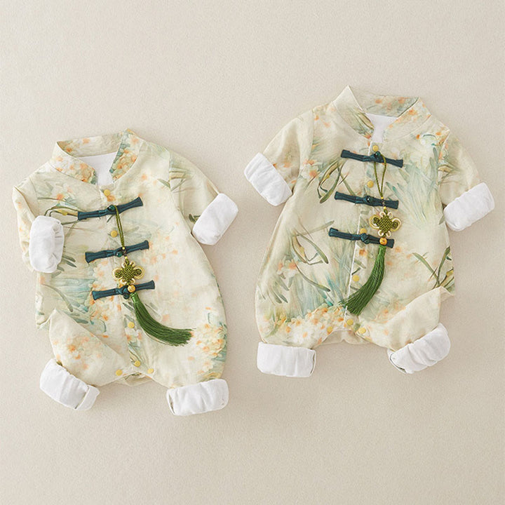 Mameluco de una pieza de algodón de manga larga para bebé niña con diseño de flores beige, hierba verde y piedras de Buddha Stones para primavera y otoño - image 5