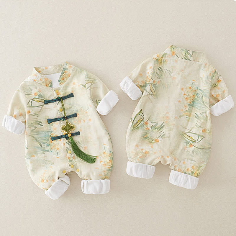 Mameluco de una pieza de algodón de manga larga para bebé niña con diseño de flores beige, hierba verde y piedras de Buddha Stones para primavera y otoño - image 3