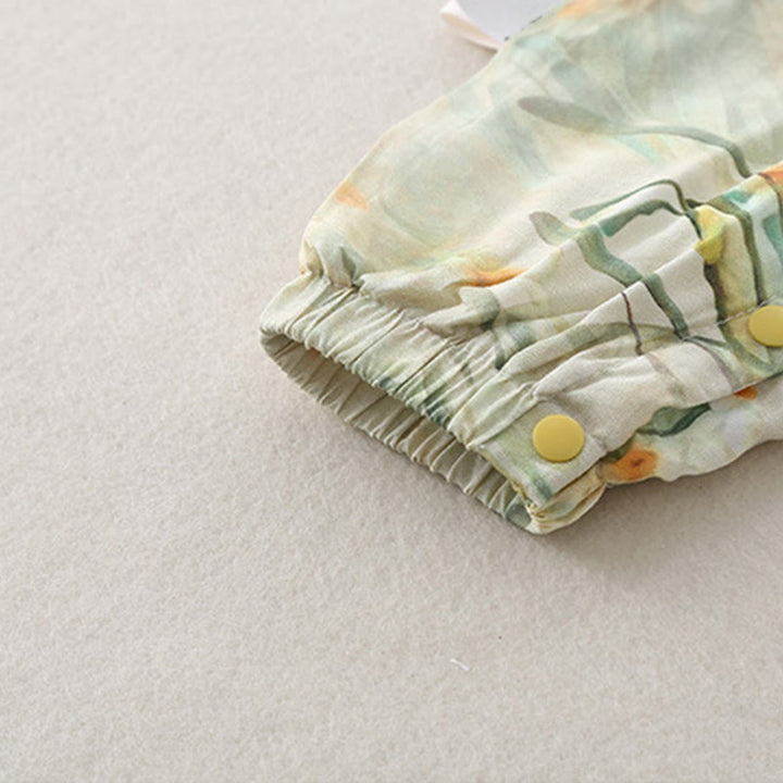 Mameluco de una pieza de algodón de manga larga para bebé niña con diseño de flores beige, hierba verde y piedras de Buddha Stones para primavera y otoño - image 13