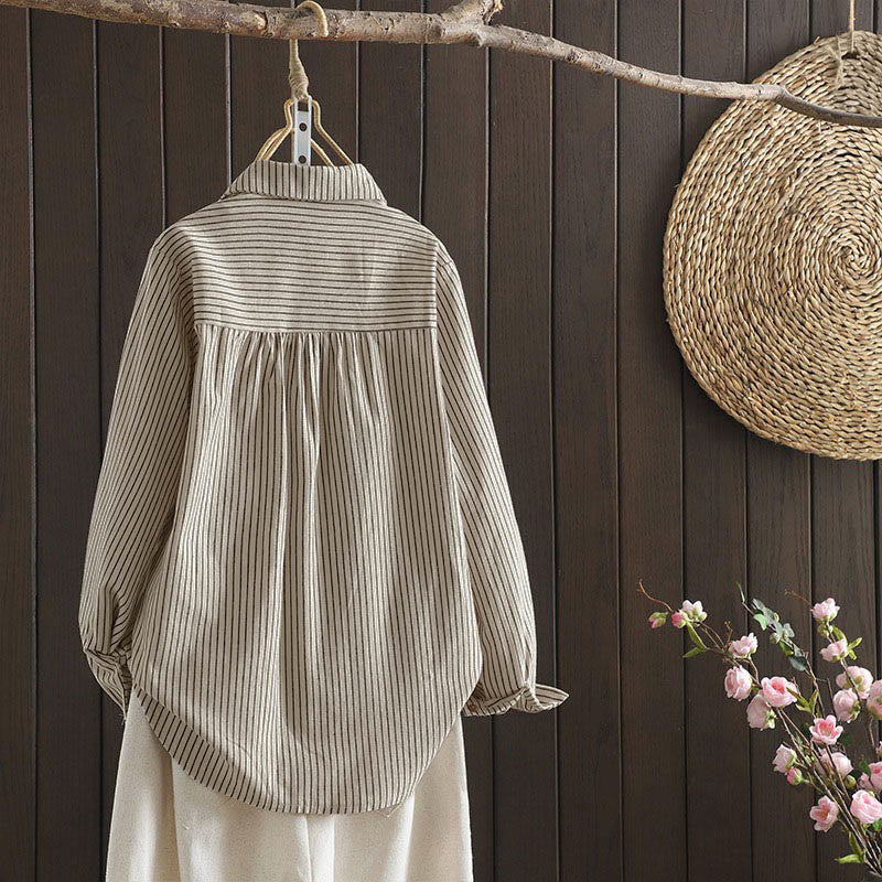 Camisa de manga larga con cuello alto, botones y rayas otoñales para mujer con bolsillos y estampado de Buddha Stones - image 3