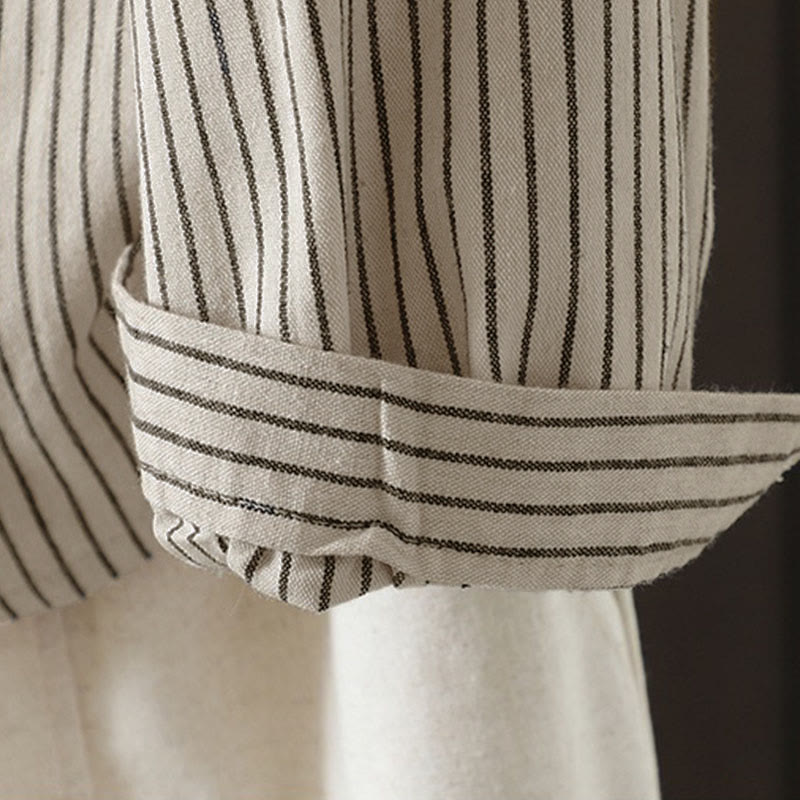 Camisa de manga larga con cuello alto, botones y rayas otoñales para mujer con bolsillos y estampado de Buddha Stones - image 9