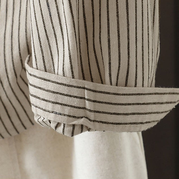 Camisa de manga larga con cuello alto, botones y rayas otoñales para mujer con bolsillos y estampado de Buddha Stones - image 9