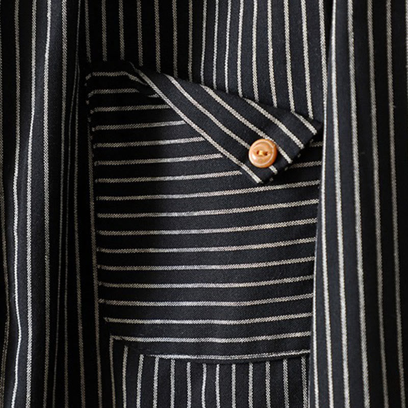 Camisa de manga larga con cuello alto, botones y rayas otoñales para mujer con bolsillos y estampado de Buddha Stones - image 18