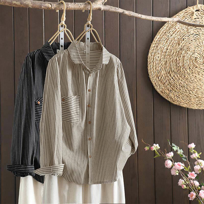 Camisa de manga larga con cuello alto, botones y rayas otoñales para mujer con bolsillos y estampado de Buddha Stones - image 0