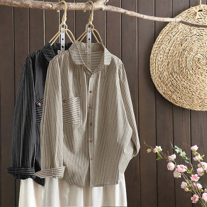 Camisa de manga larga con cuello alto, botones y rayas otoñales para mujer con bolsillos y estampado de Buddha Stones - image 0
