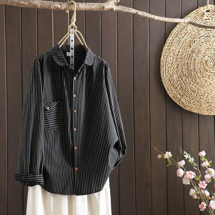 Camisa de manga larga con cuello alto, botones y rayas otoñales para mujer con bolsillos y estampado de Buddha Stones - Negro - US8-10，UK/AU12-14，EU40-42 (2XL) - image 13