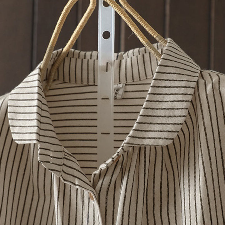 Camisa de manga larga con cuello alto, botones y rayas otoñales para mujer con bolsillos y estampado de Buddha Stones - image 5