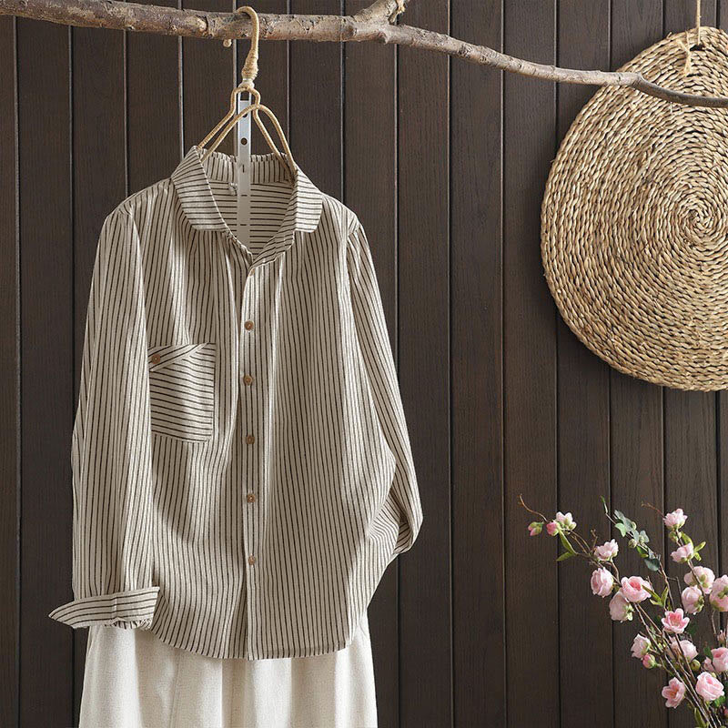 Camisa de manga larga con cuello alto, botones y rayas otoñales para mujer con bolsillos y estampado de Buddha Stones - Encaje antiguo - US8-10，UK/AU12-14，EU40-42 (2XL) - image 1