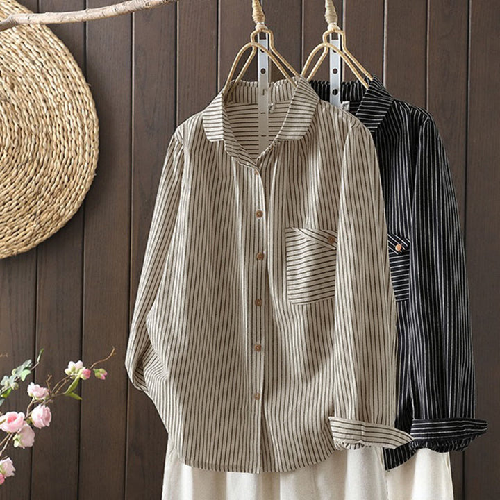 Camisa de manga larga con cuello alto, botones y rayas otoñales para mujer con bolsillos y estampado de Buddha Stones - image 20
