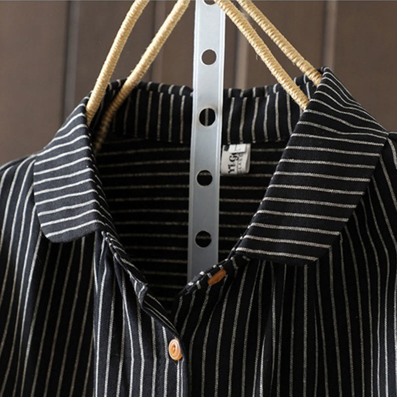 Camisa de manga larga con cuello alto, botones y rayas otoñales para mujer con bolsillos y estampado de Buddha Stones - image 15