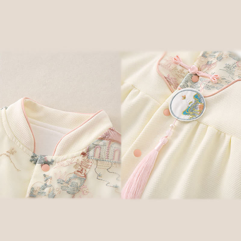 Mono de una pieza de algodón de manga larga para bebé niña con diseño de pabellón de primavera y otoño con Buddha Stones - image 11