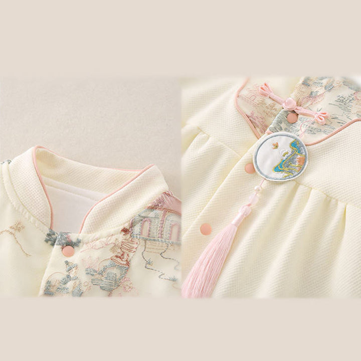 Mono de una pieza de algodón de manga larga para bebé niña con diseño de pabellón de primavera y otoño con Buddha Stones - image 11