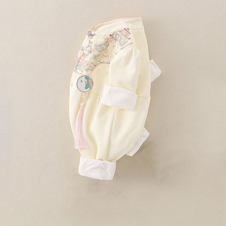 Mono de una pieza de algodón de manga larga para bebé niña con diseño de pabellón de primavera y otoño con Buddha Stones - image 4