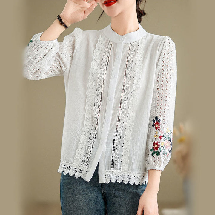 Camisa de manga larga para mujer con cuello alto, botones y estampado de hojas y flores bordadas con Buddha Stones - Blanco - US8-10，UK/AU12-14，EU40-42 (2XL) - image 6