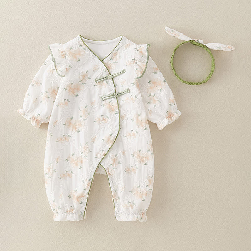 Mono de una pieza de algodón de manga larga para bebé niña con diseño de cuello en V y flores amarillas claras de Buddha Stones para primavera y otoño - image 3