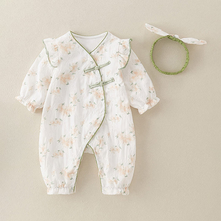 Mono de una pieza de algodón de manga larga para bebé niña con diseño de cuello en V y flores amarillas claras de Buddha Stones para primavera y otoño - image 3