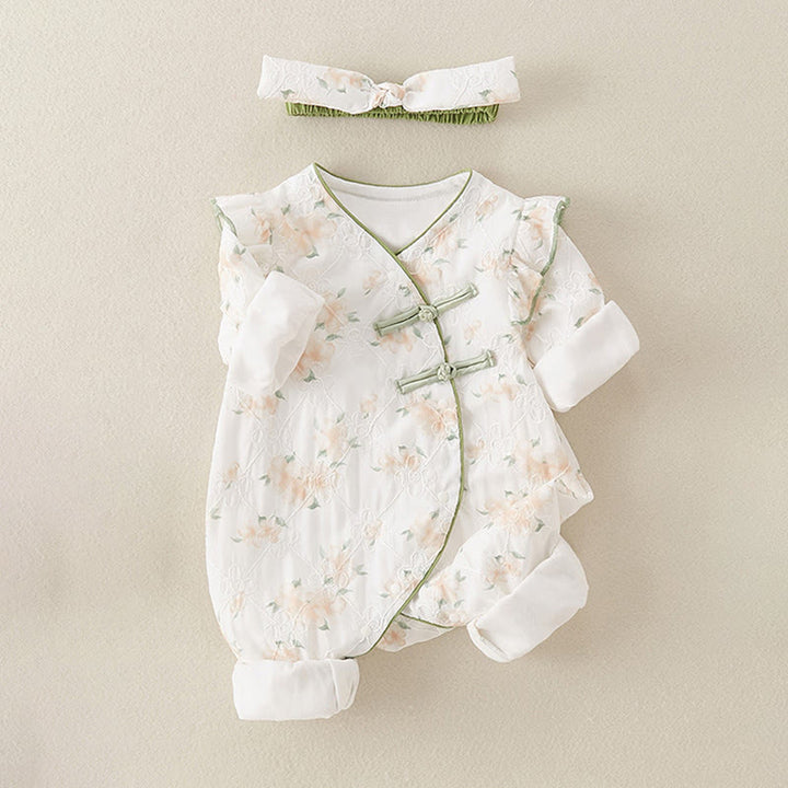 Mono de una pieza de algodón de manga larga para bebé niña con diseño de cuello en V y flores amarillas claras de Buddha Stones para primavera y otoño - image 2