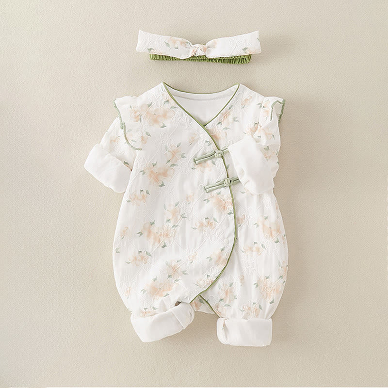 Mono de una pieza de algodón de manga larga para bebé niña con diseño de cuello en V y flores amarillas claras de Buddha Stones para primavera y otoño - image 4