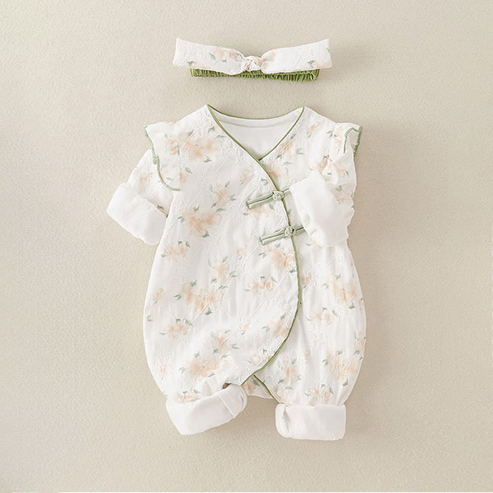 Mono de una pieza de algodón de manga larga para bebé niña con diseño de cuello en V y flores amarillas claras de Buddha Stones para primavera y otoño - image 4