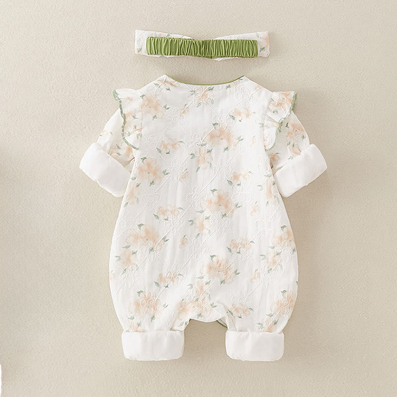 Mono de una pieza de algodón de manga larga para bebé niña con diseño de cuello en V y flores amarillas claras de Buddha Stones para primavera y otoño - image 1