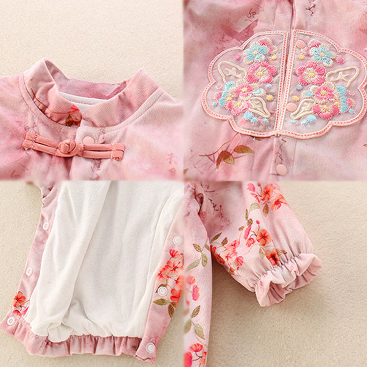 Mameluco de una pieza de algodón de manga larga para bebé niña con diseño de flores rojas, hojas verdes y piedras de Buddha Stones, primavera y otoño - image 5