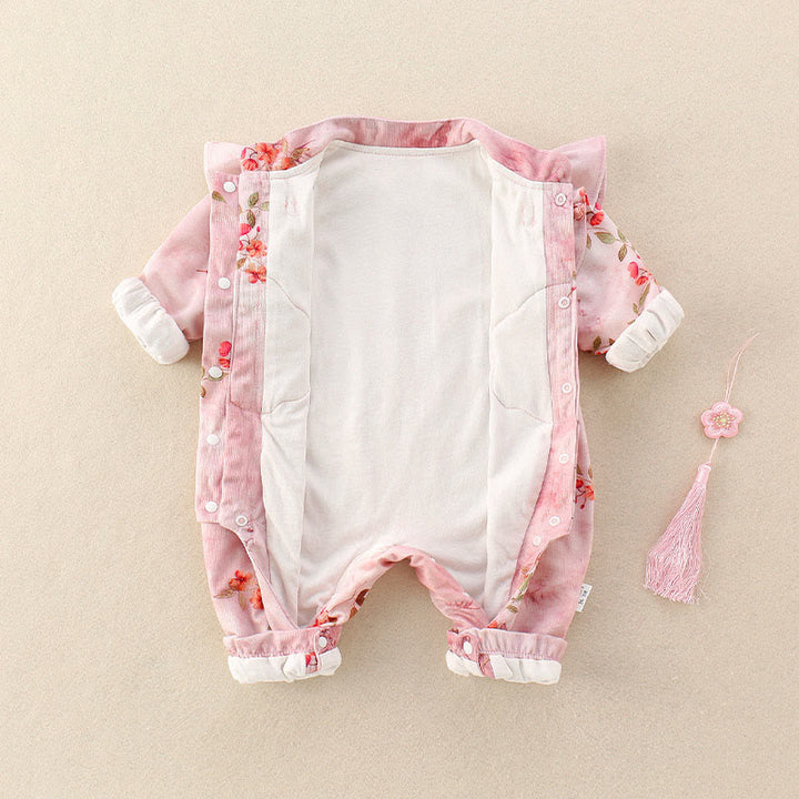 Mameluco de una pieza de algodón de manga larga para bebé niña con diseño de flores rojas, hojas verdes y piedras de Buddha Stones, primavera y otoño - image 4