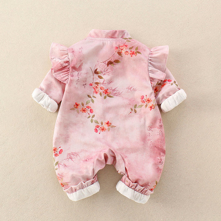 Mameluco de una pieza de algodón de manga larga para bebé niña con diseño de flores rojas, hojas verdes y piedras de Buddha Stones, primavera y otoño - image 2